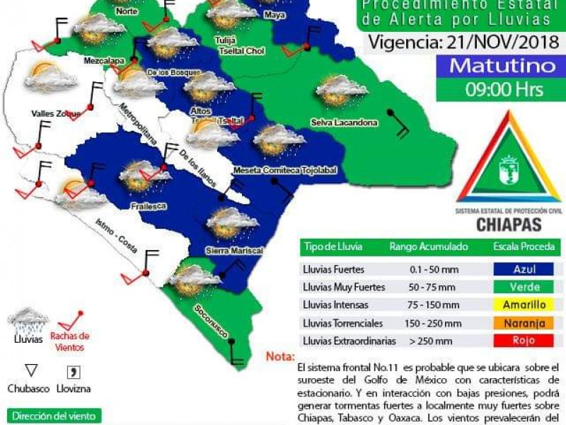 Lluvias ligeras para Chiapas