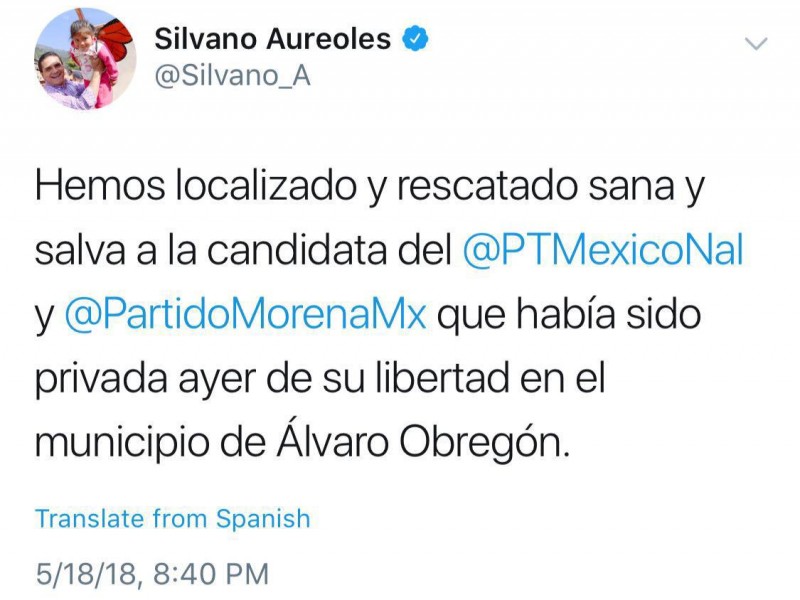 Localizan a candidata petista desaparecida en Álvaro Obregón