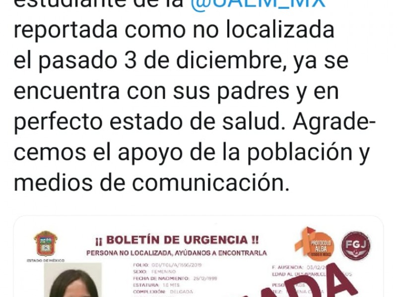 Localizan a estudiante  de la UAEM desaparecida.