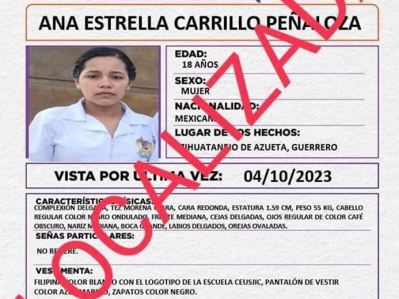 Localizan a joven mujer, reportada como desaparecida en Zihuatanejo