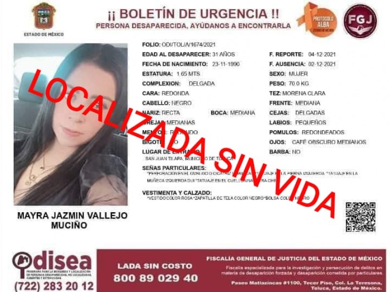 Localizan a Mayra sin vida en Tianguistenco