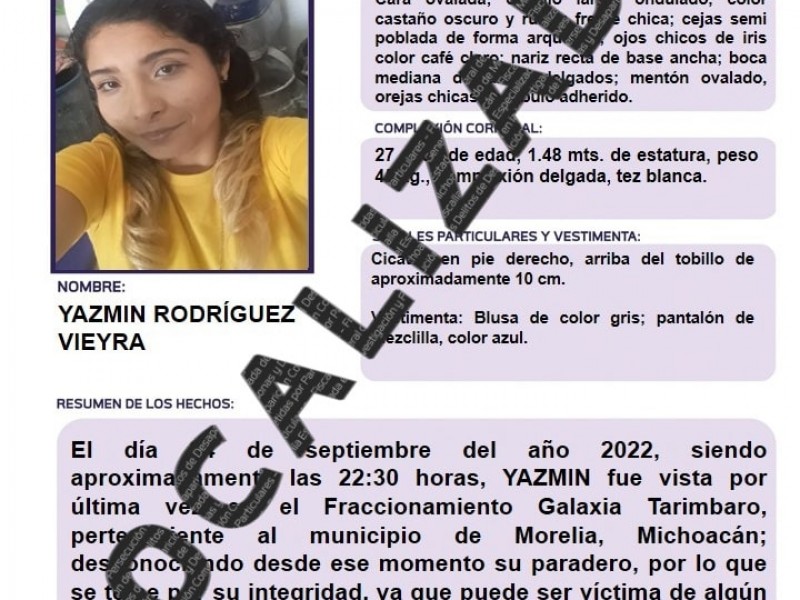Localizan a Yazmin Rodríguez, reportada como desaparecida en Tarimbaro