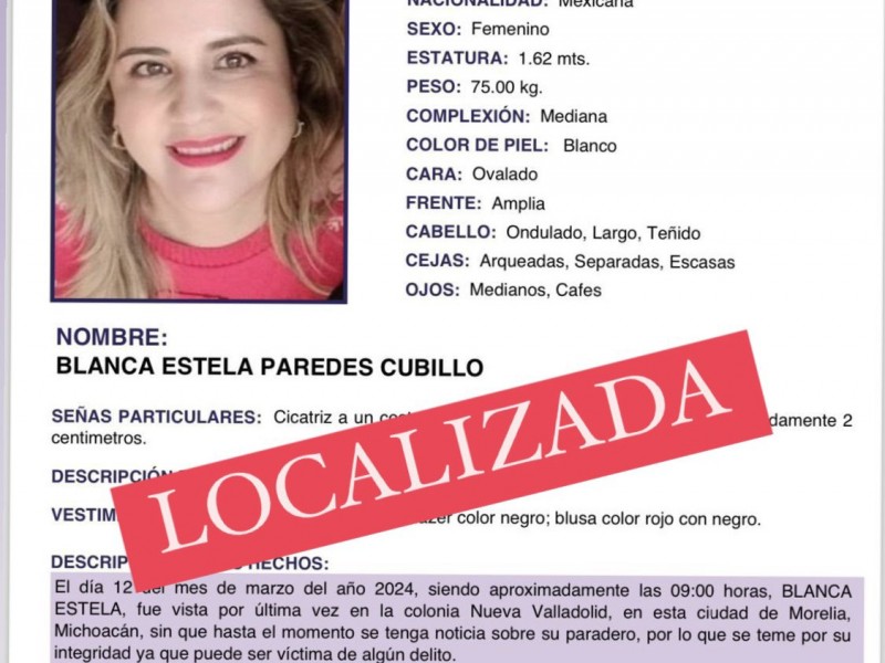 Localizan con vida a Blanca Estela Paredes