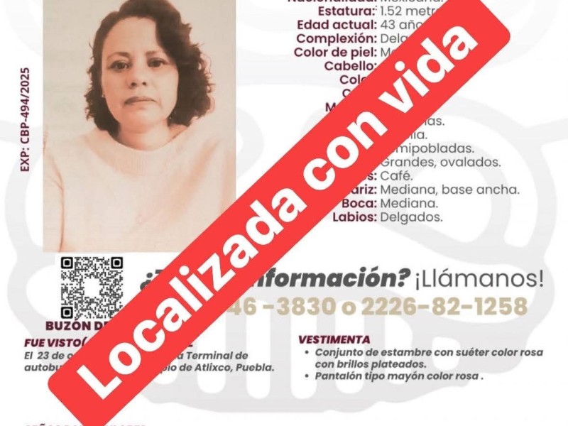Localizan con vida a mujer que desapareció en Atlixco Localizan con vida a mujer que desapareció en Atlixco