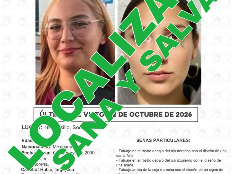 Localizan sana y salva a joven reportada como desaparecida en Hermosillo