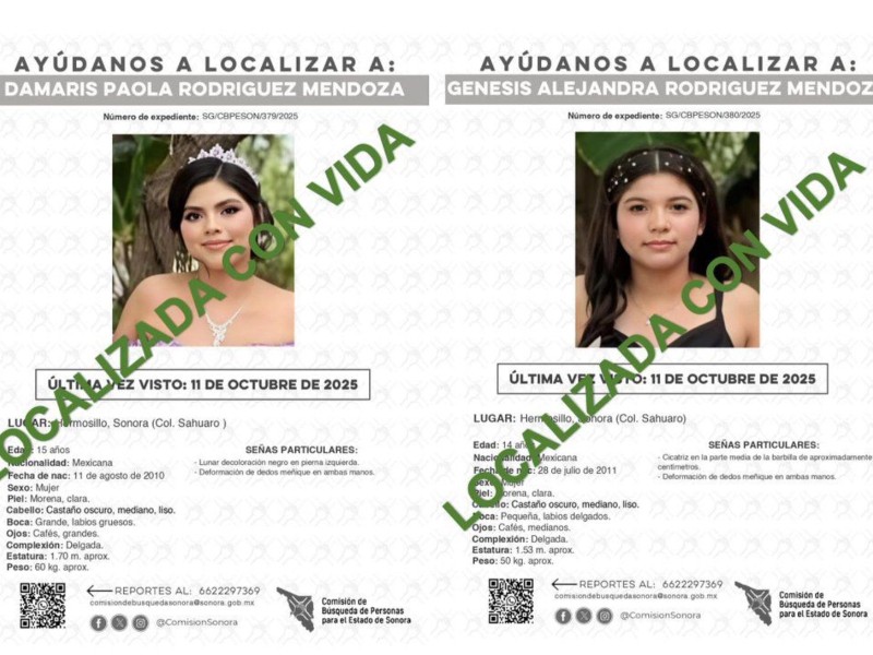 Localizan sanas a hermanas reportadas como desaparecidas