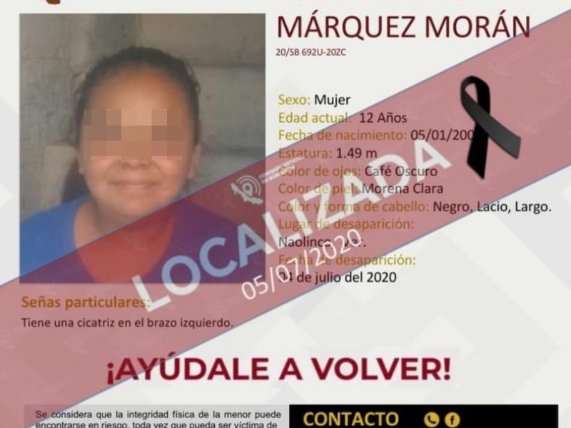 Localizan sin vida a niña de 12 años en Naolinco