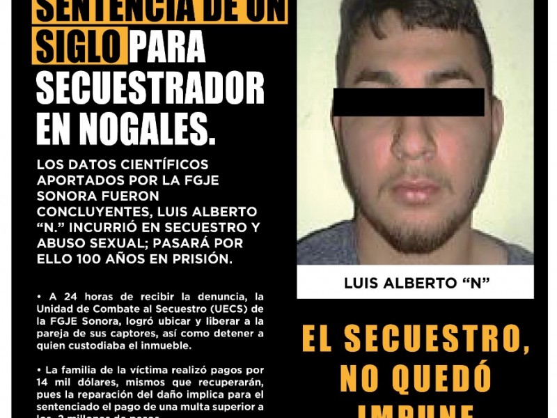 Logra FGJE un siglo de sentencia para secuestrador en Nogales.