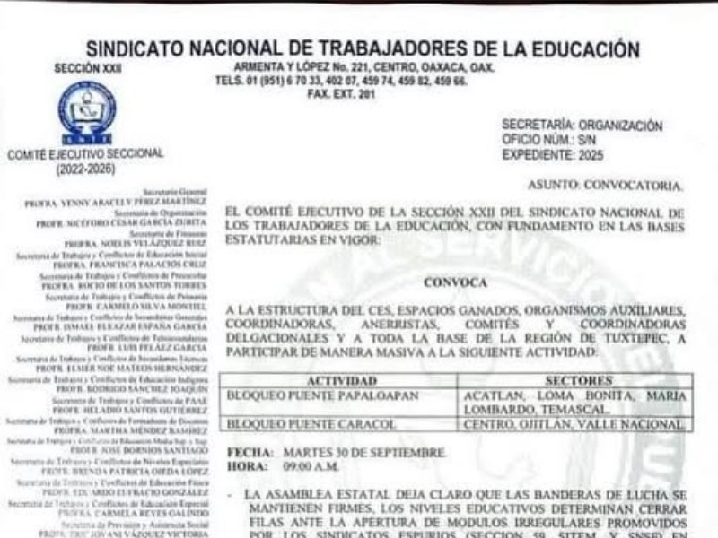 Maestros anuncian bloqueos en Puentes de Tuxtepec