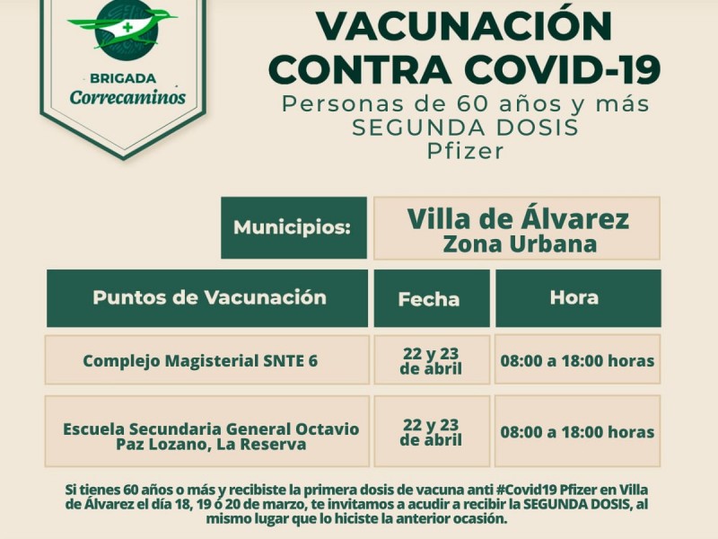 Mañana, aplicarán segunda dosis anticovid en Villa de Álvarez