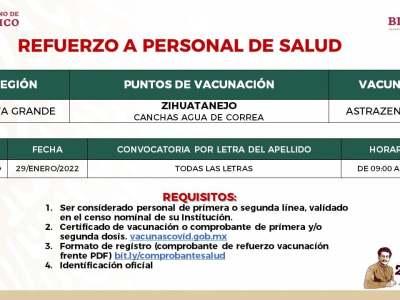 Mañana habrá vacunación de refuerzo para sector salud de Zihuatanejo