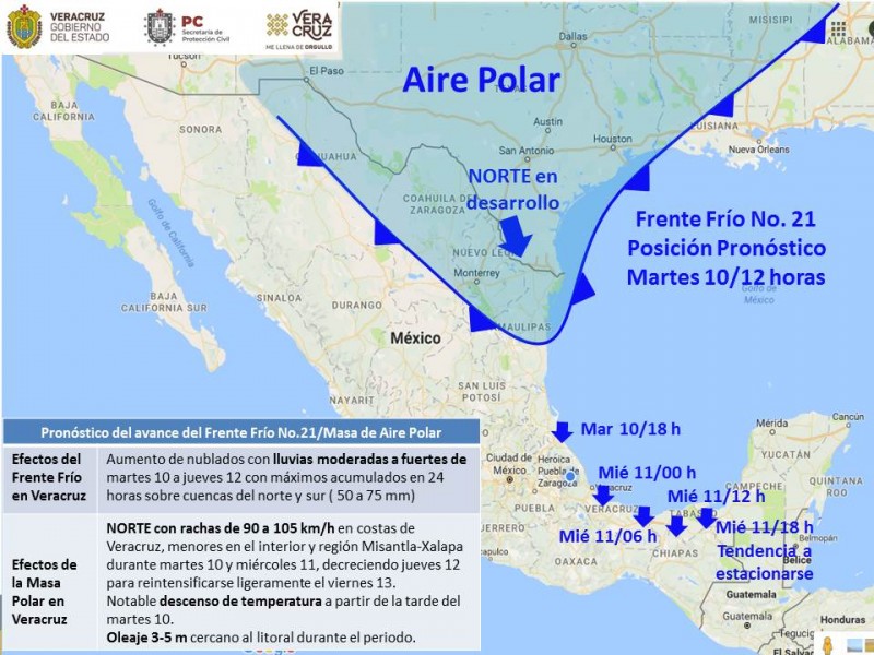 Mañana ingresa Frente Frío 21 a Veracruz