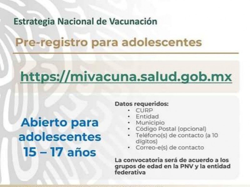 Mañana inicia pre-registro para vacunar a adolescentes de 15-17 años