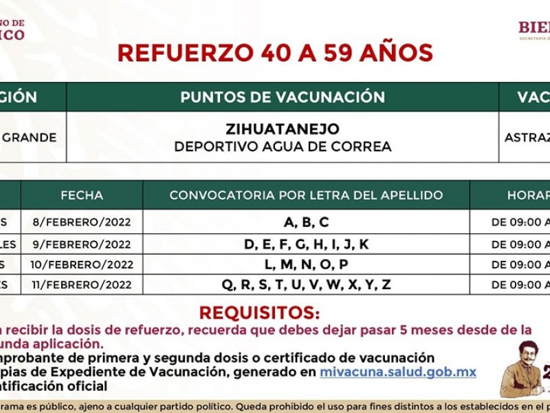 Mañana inicia refuerzo para adultos de 40-59 años de Zihuatanejo