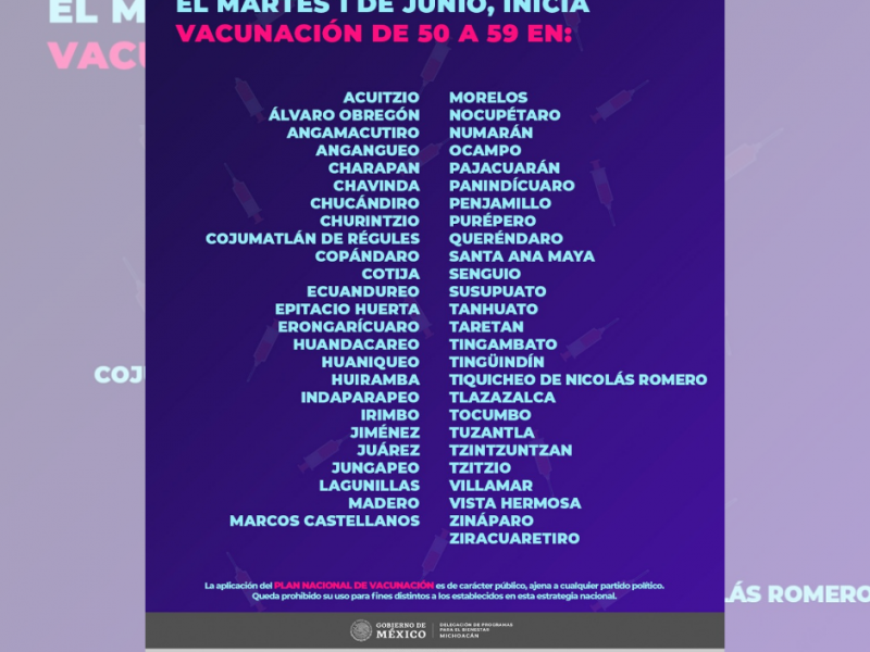 Mañana inicia vacunación contra covid-19 en 50 municipios michoacanos