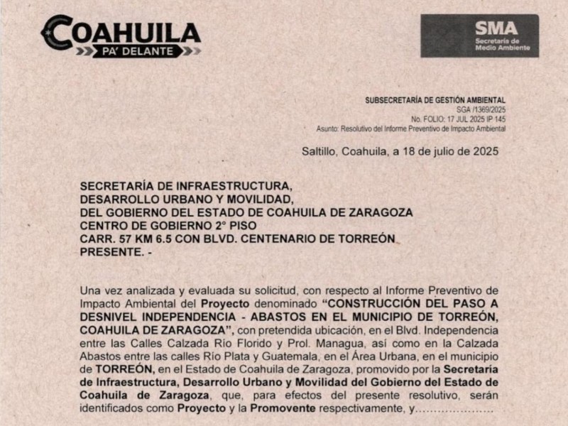 Manifiesto de Impacto Ambiental (MIA) avala obras del SVIA