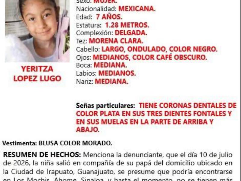 Mantienen búsqueda de Yeritza López de 7 años