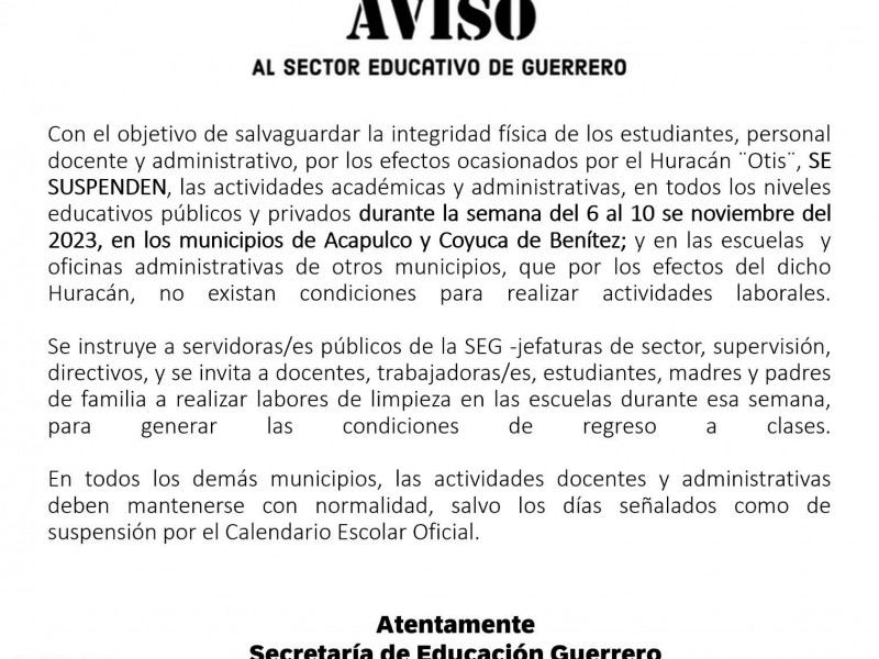 Mantienen suspensión de clases en Acapulco y Coyuca de Benítez