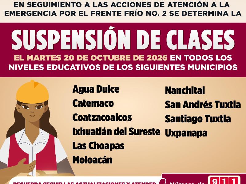 Mantienen suspensión de clases en 10 municipios del sur de Veracruz