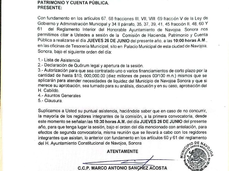 ¿Más deuda para Navojoa? Comisión de Hacienda discutirá nuevo crédito millonario