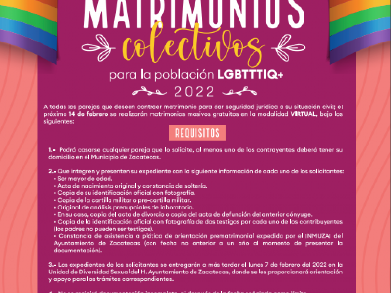 Matrimonios colectivos para la población LGBTTTIQ+ en Zacatecas