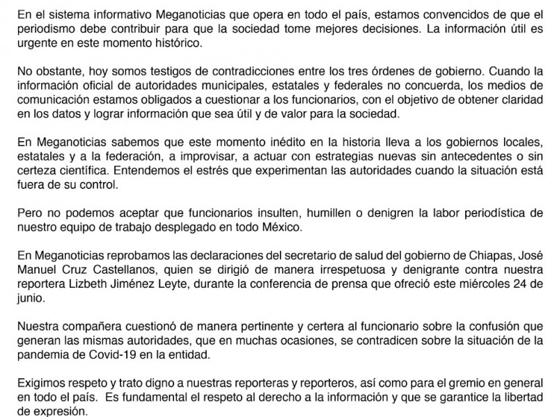 Meganoticias reprueba declaraciones de Secretario de Salud en Chiapas