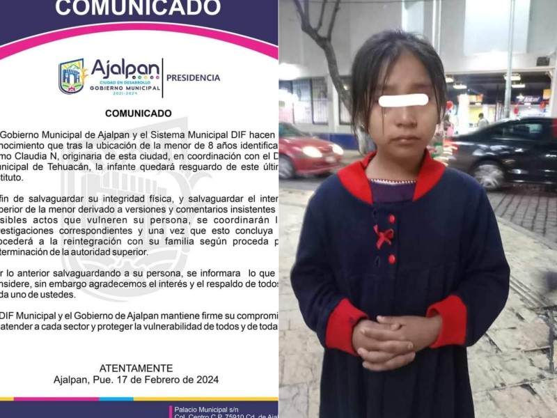 Menor ajalpense encontrada en Tehuacán quedó a resguardo del DIF