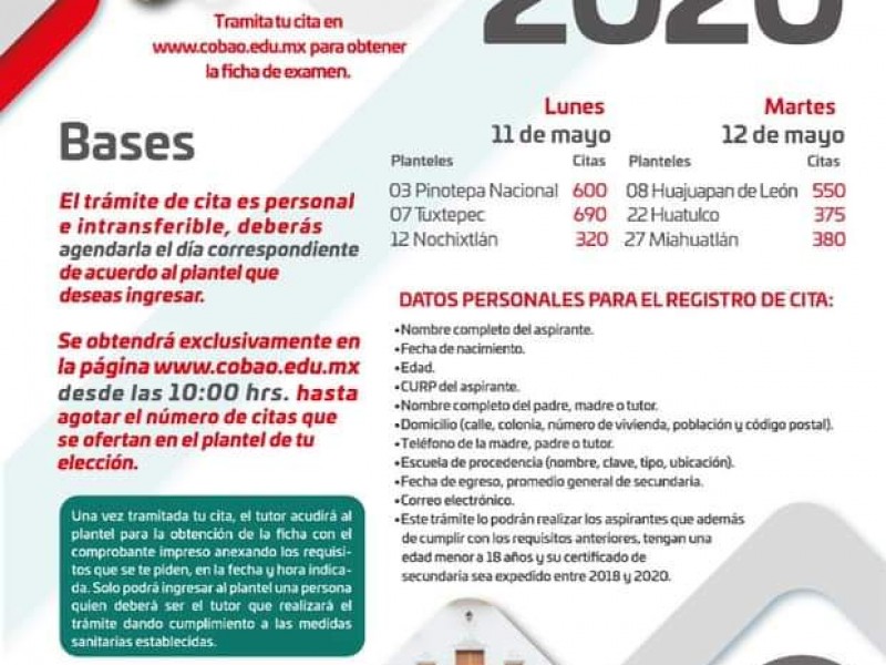 Modifica COBAO fechas en sus convocatorias de ingreso 2020