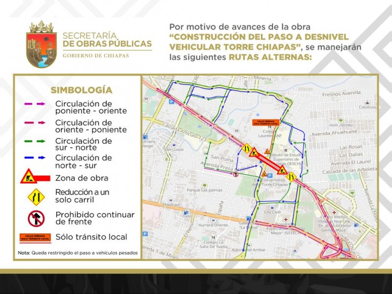 Modificarán vialidades por avance de obra de paso a desnivel