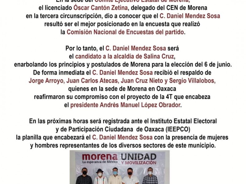 MORENA define candidato para la presidencia municipal de Salina Cruz