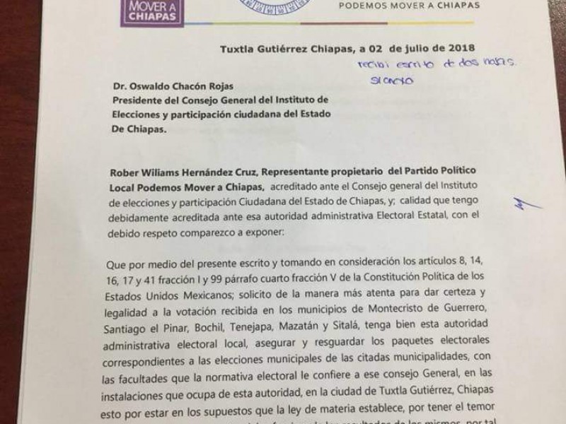 Mover a Chiapas pide garantías de paquetes electorales