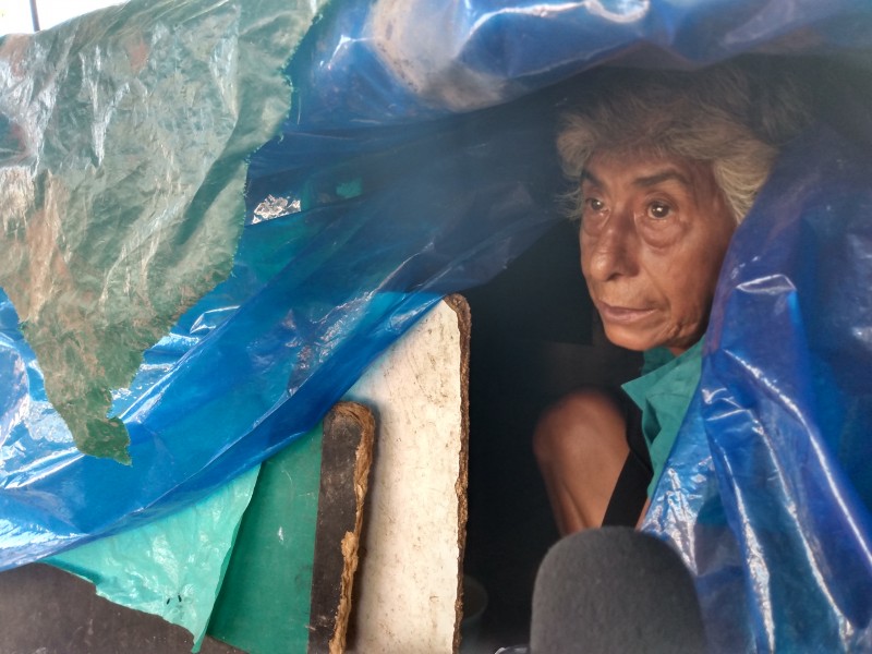 Mujer indigente vive en una jardinera de parque