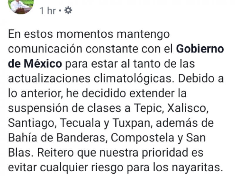 Narda obliga a suspender clases en ocho municipios