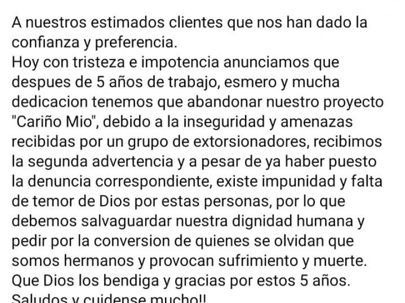 Negocio cierra por extorsión; pide ayuda al Alcalde