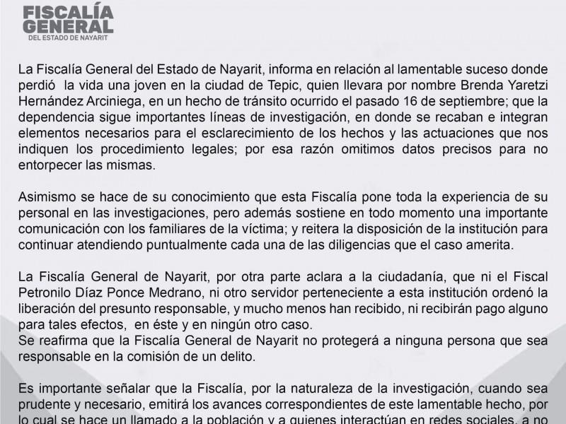 Niega Fiscalía liberación de implicado en accidente vial