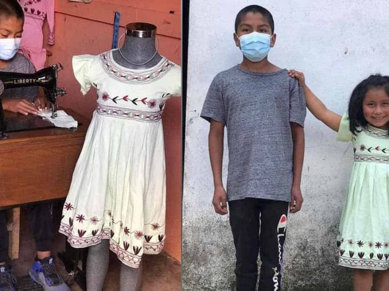 Niño mixe de 12 años confecciona vestido para su sobrina