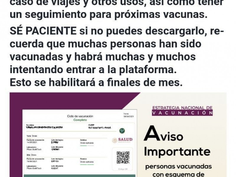 No existe Certificado de Vacunación: Bienestar