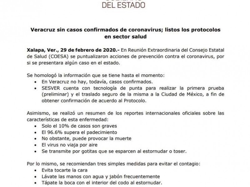 No hay casos de coronavirus en Veracruz