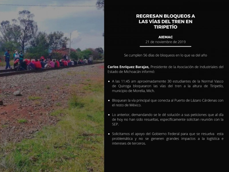 Normalistas reactivan bloqueos en vías férreas en Tiripetío