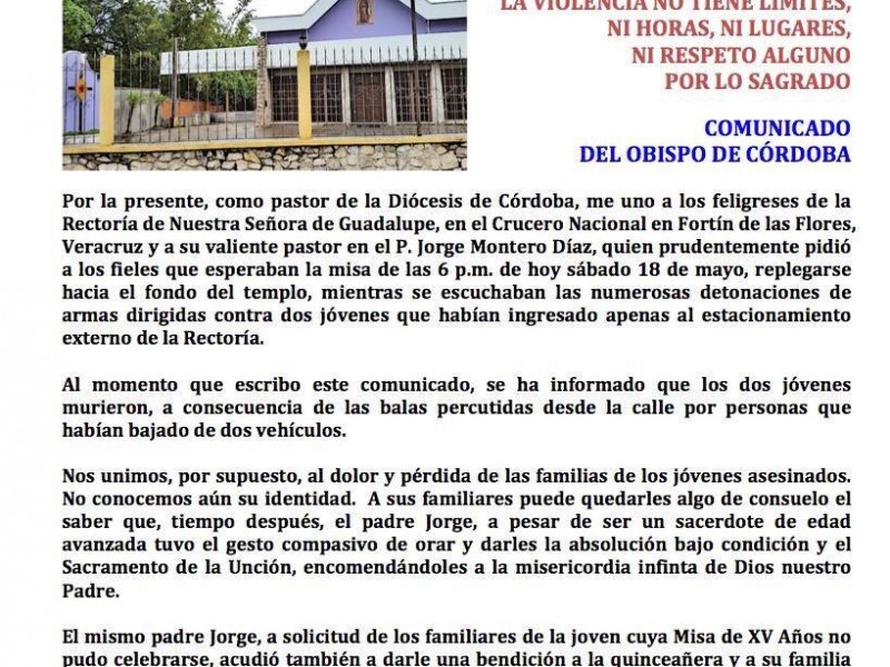 Obispo pide cese a la violencia en Veracruz