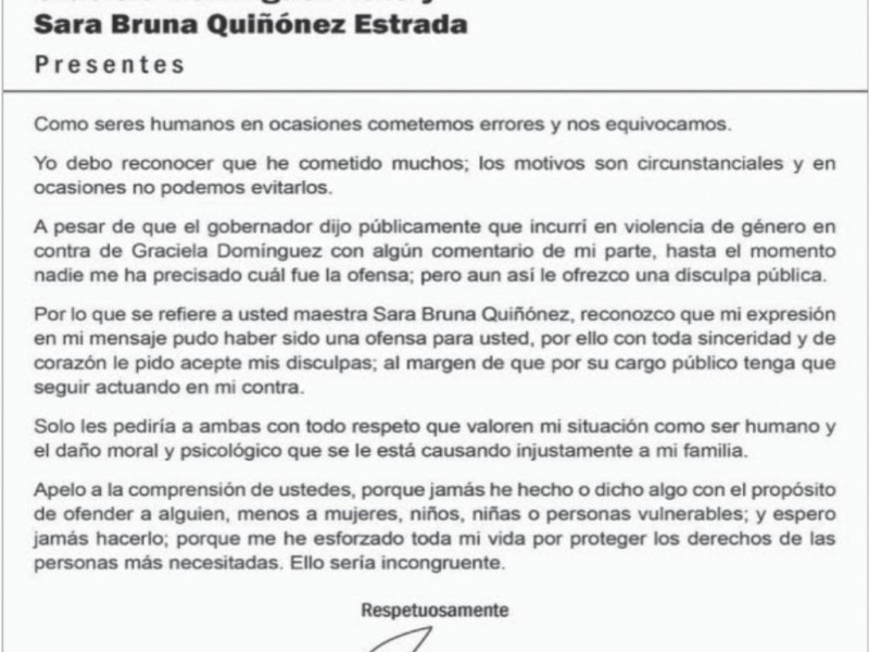 Ofrece disculpas Estrada a Graciela y a Sara Bruna