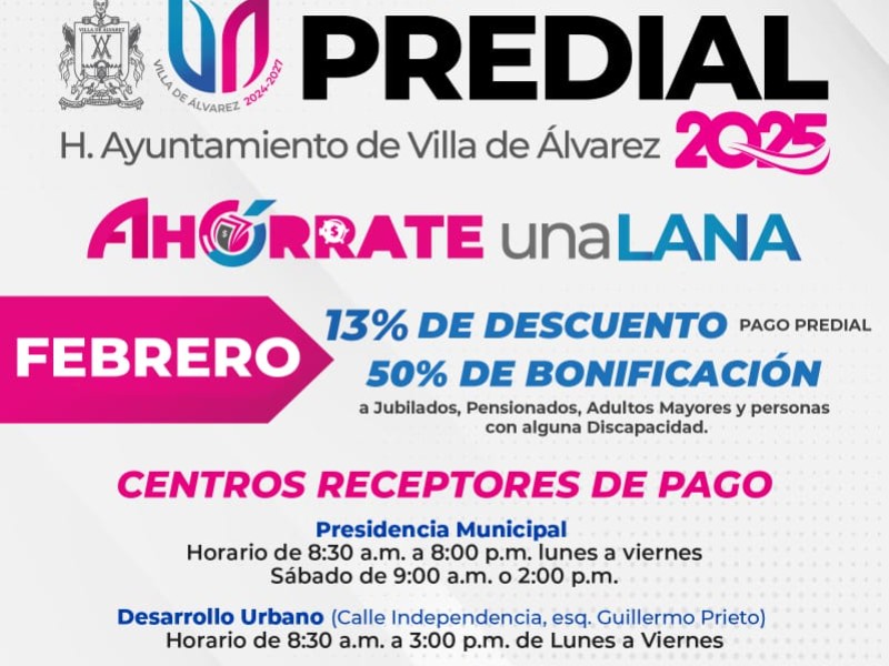 Ofrece Villa de Álvarez descuento del 13% en el Predial