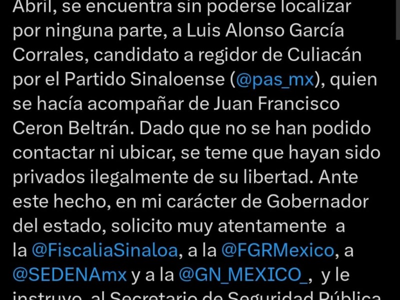 Ordena Rocha operativo para encontrar a candidato del Partido Sinaloense