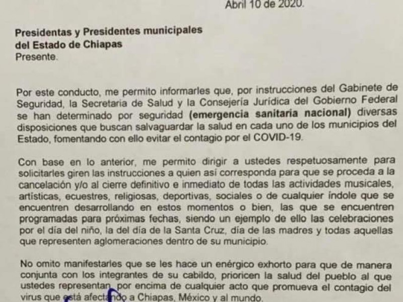 Ordenan cancelación de eventos en Chiapas