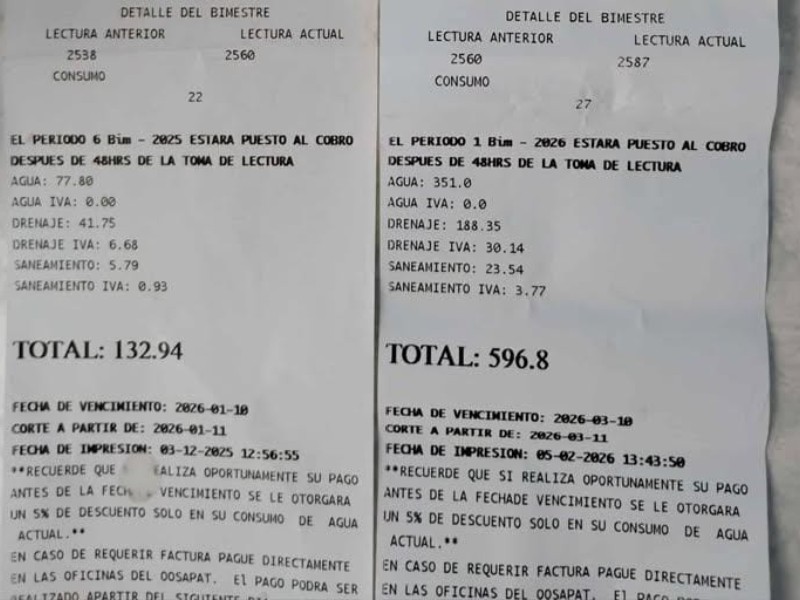 Otra queja por incremento de agua, de recibo de 132 a 596 | Meganoticias
