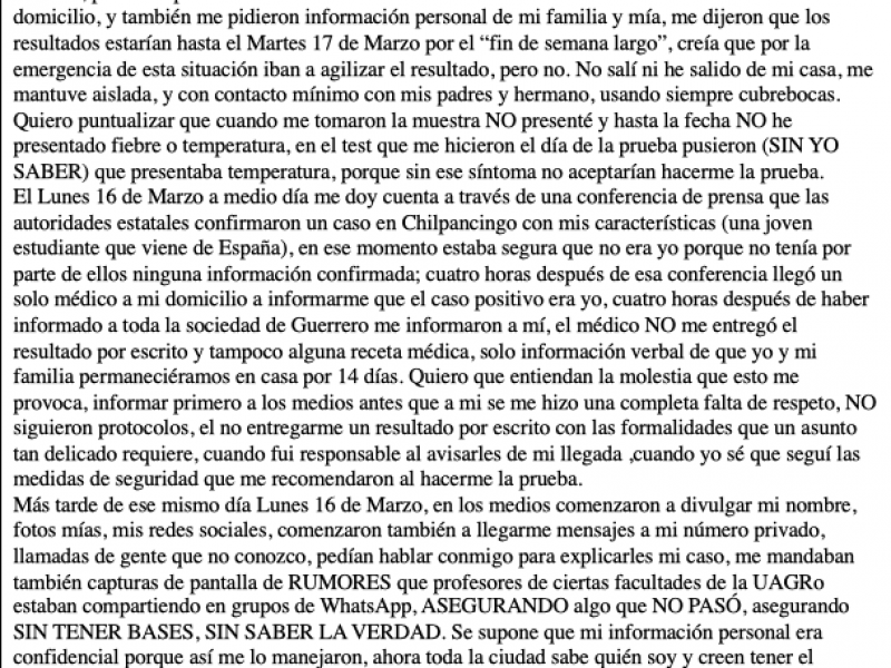 Paciente con Covid-19 difunde carta; reprocha negligencia del gobierno guerrerense