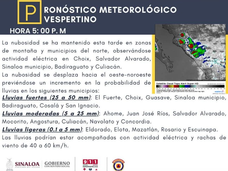 Para esta noche, lluvias de ligeras a fuertes en Sinaloa
