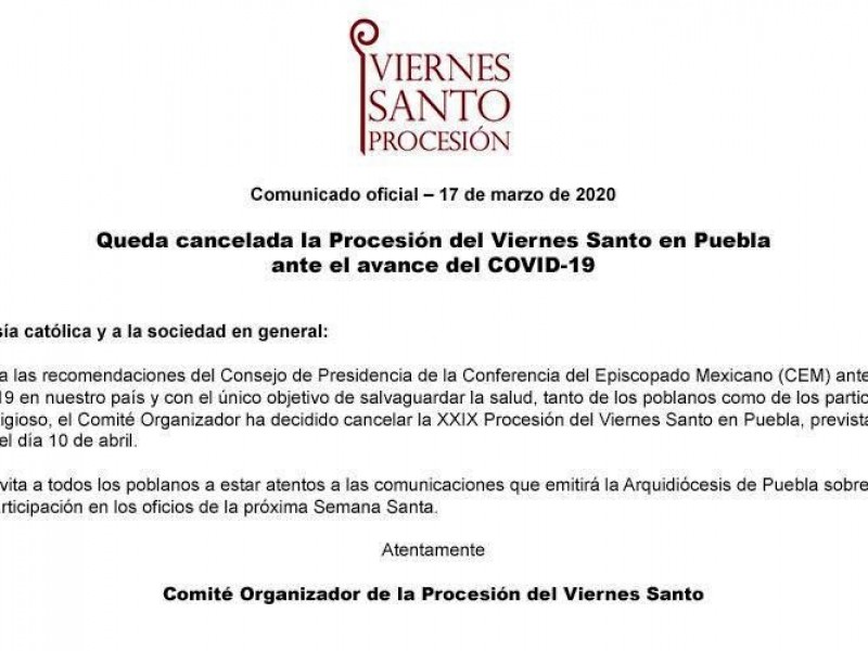 Para evitar contagios, se cancela procesión de Viernes Santo