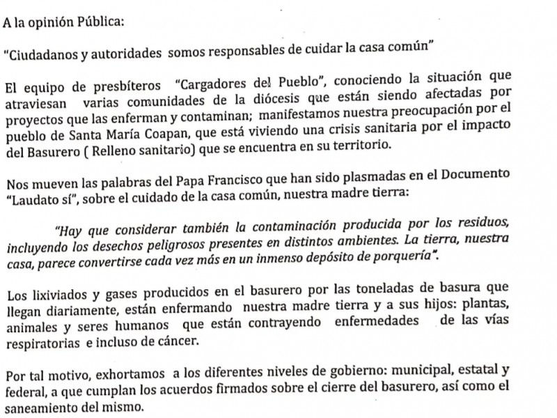 Párrocos exhortan autoridades a cumplir acuerdos sobre cierre del Relleno