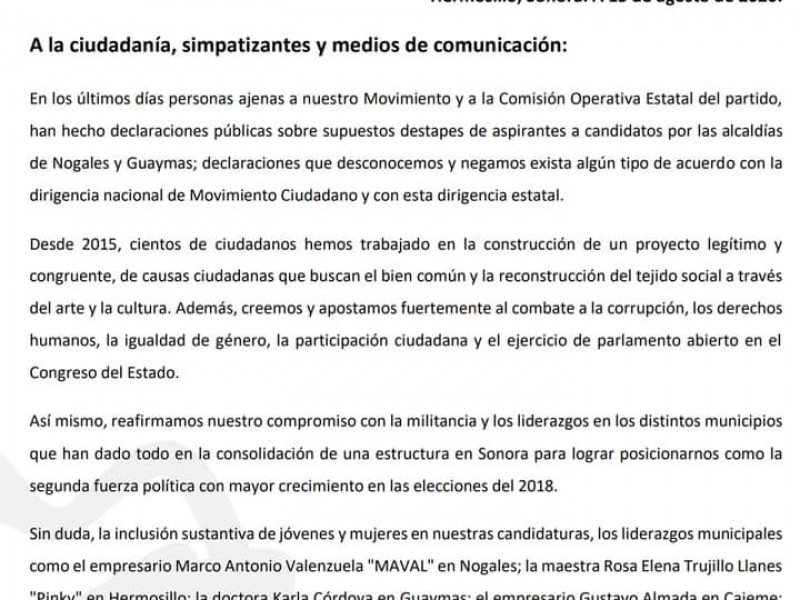 Partido Movimiento Ciudadano indica que no se tienen candidaturas definidas